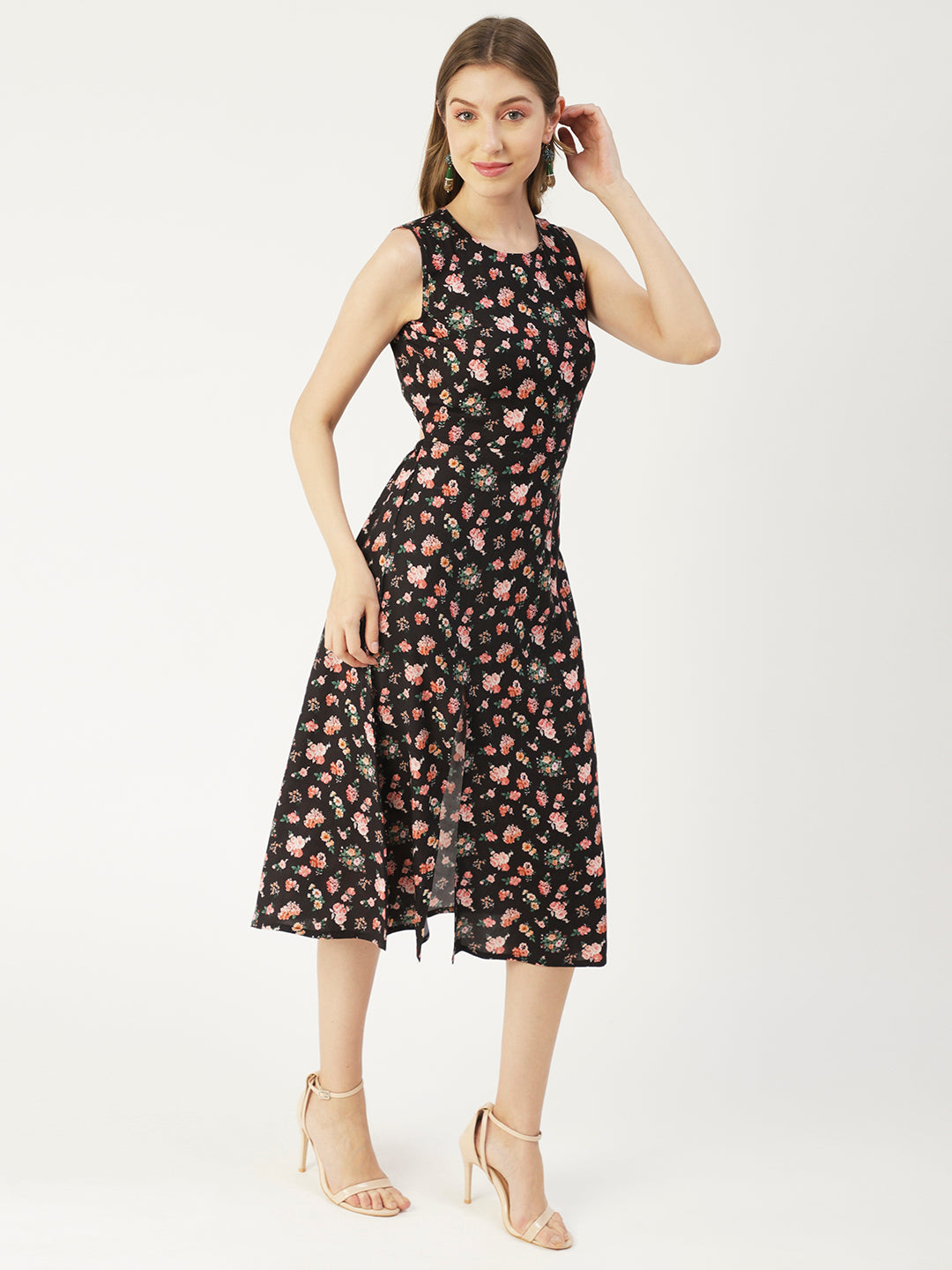 Printed Stylish Back Dress, Front Slit