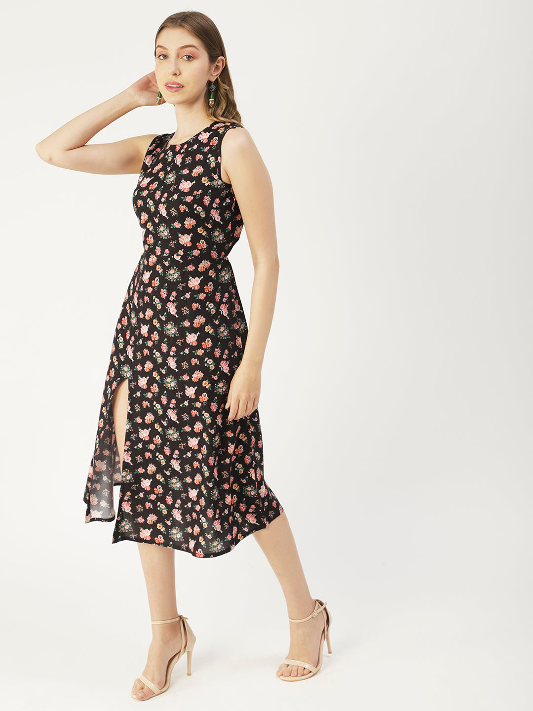 Printed Stylish Back Dress, Front Slit