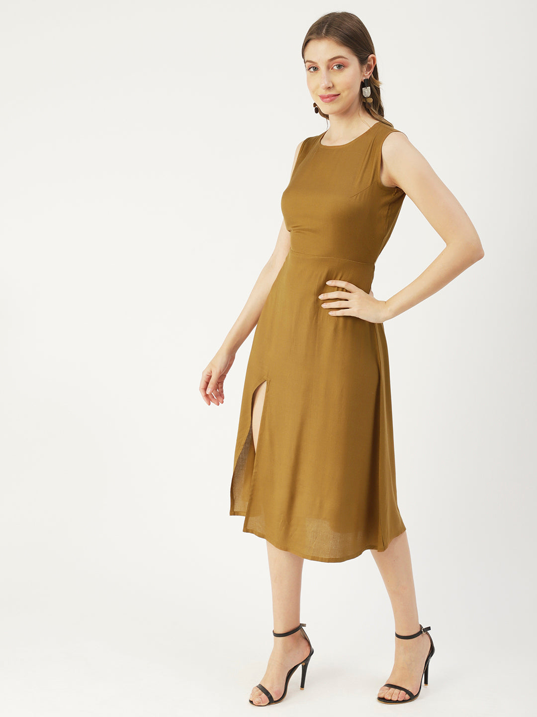 Printed Stylish Back Dress, Front Slit
