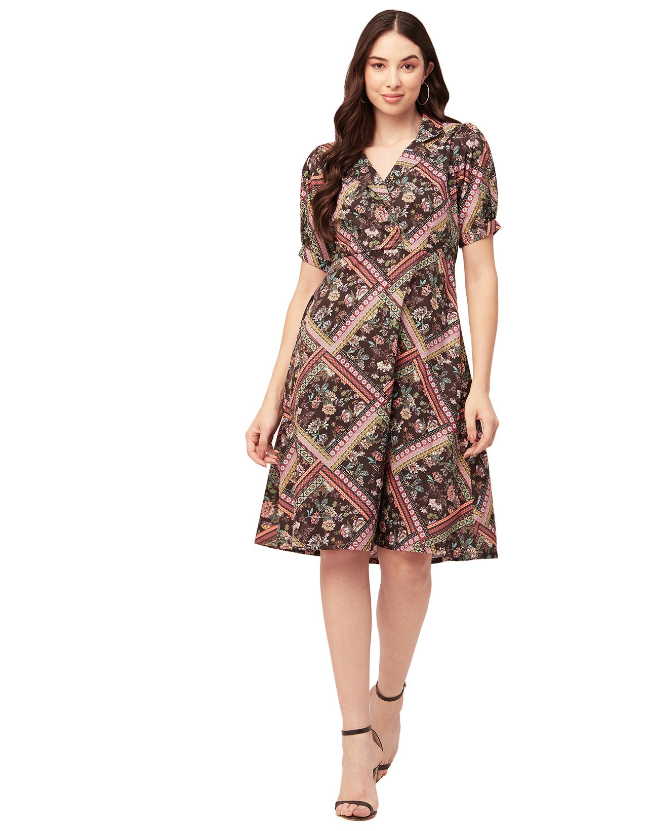 Printed Lapel Collar Dress, Puffed