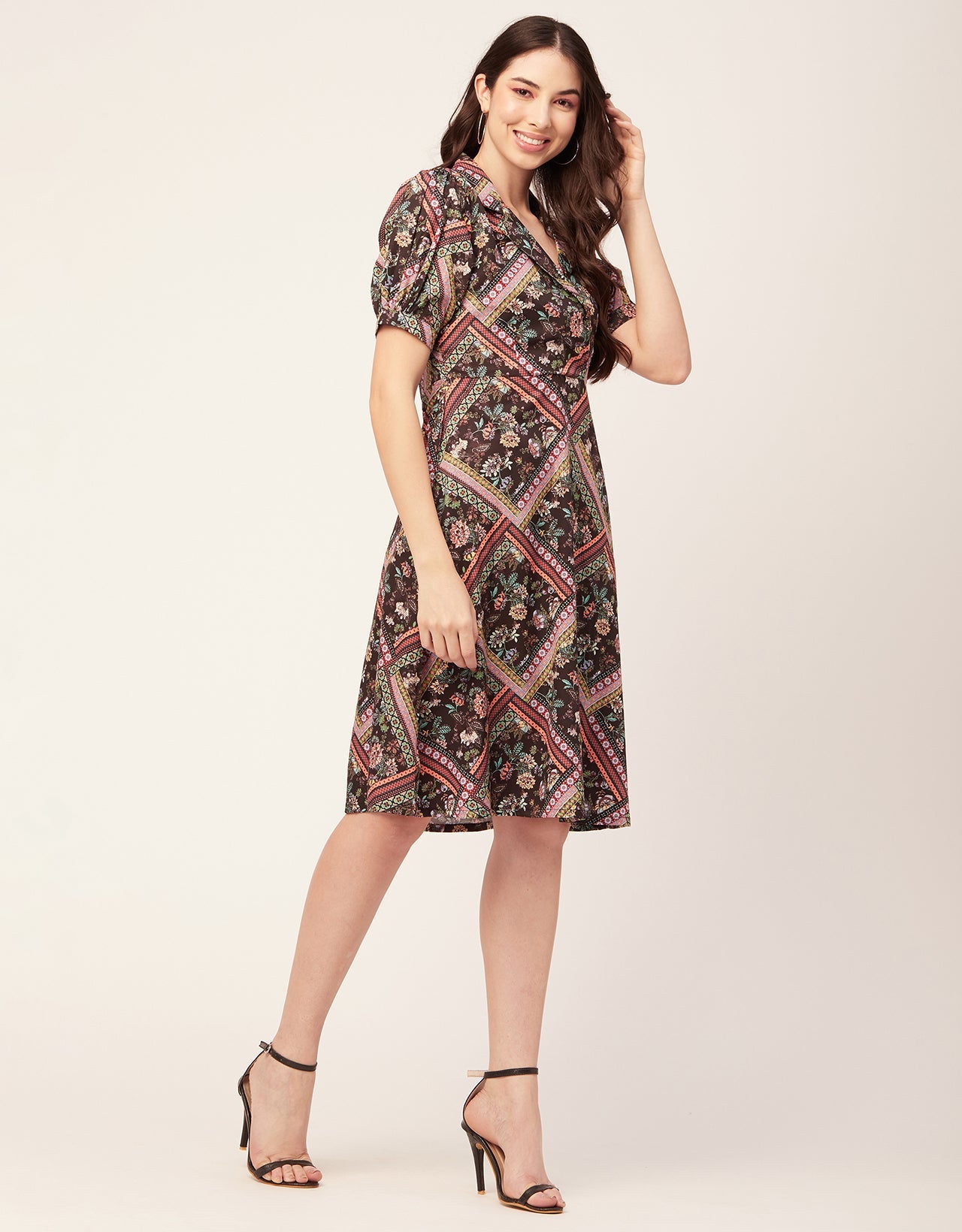 Printed Lapel Collar Dress, Puffed
