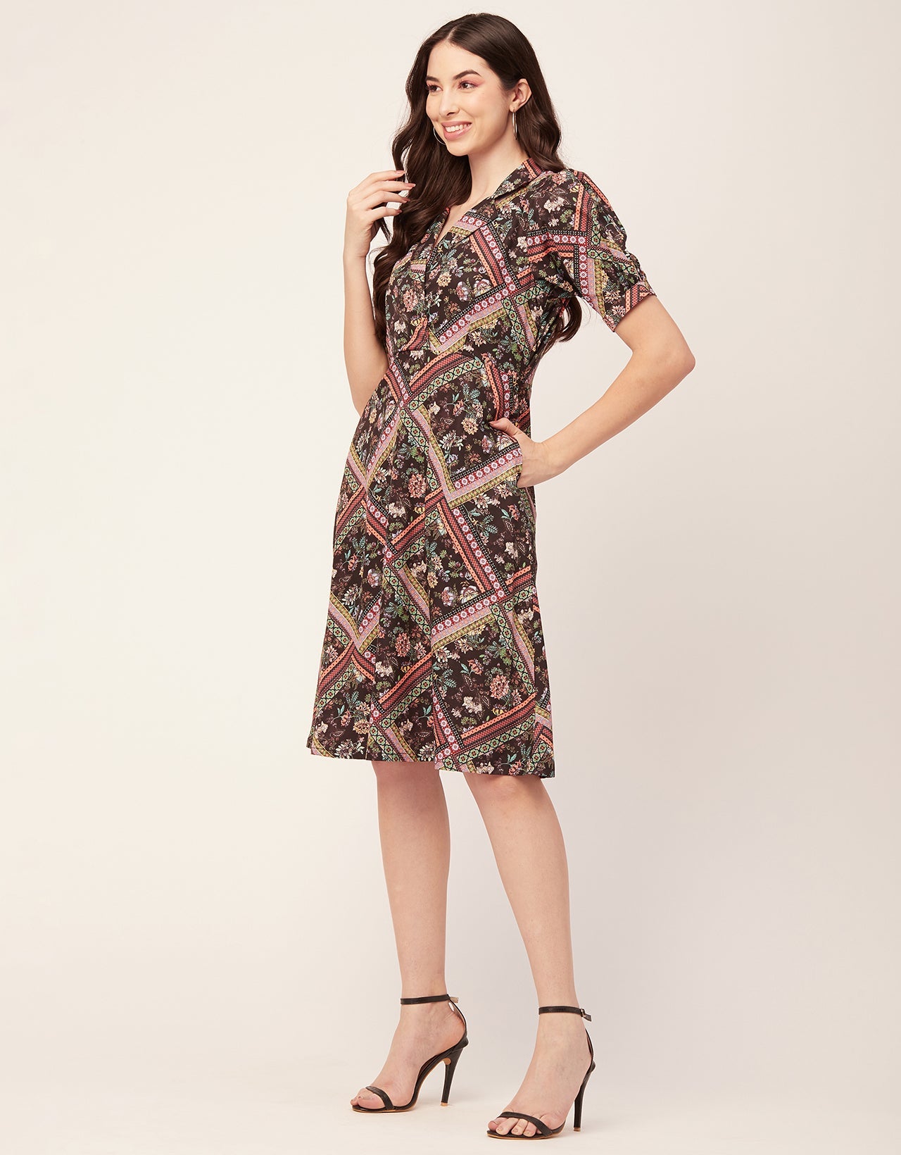 Printed Lapel Collar Dress, Puffed