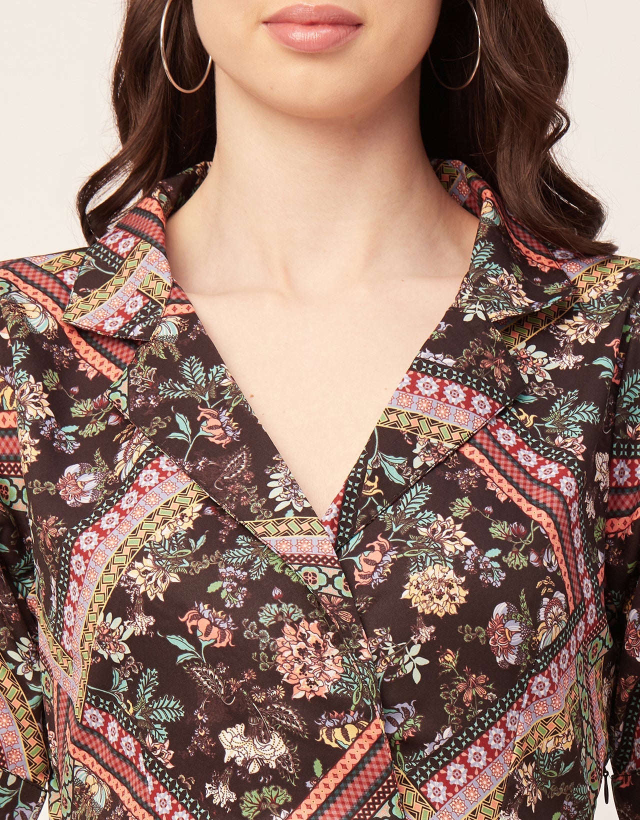Printed Lapel Collar Dress, Puffed