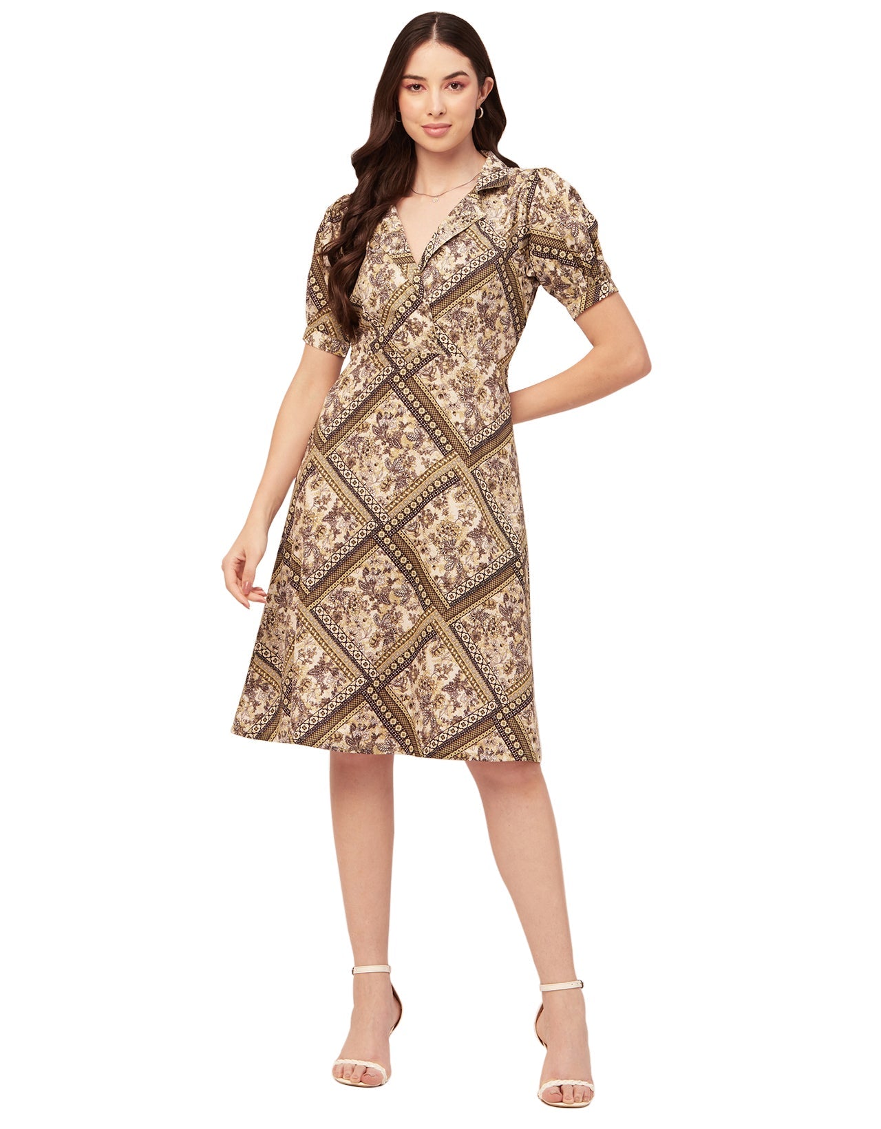 Printed Lapel Collar Dress, Puffed