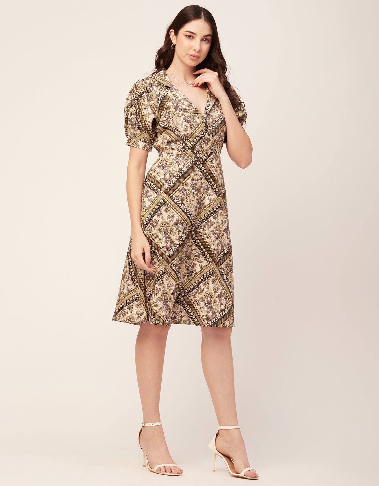 Printed Lapel Collar Dress, Puffed