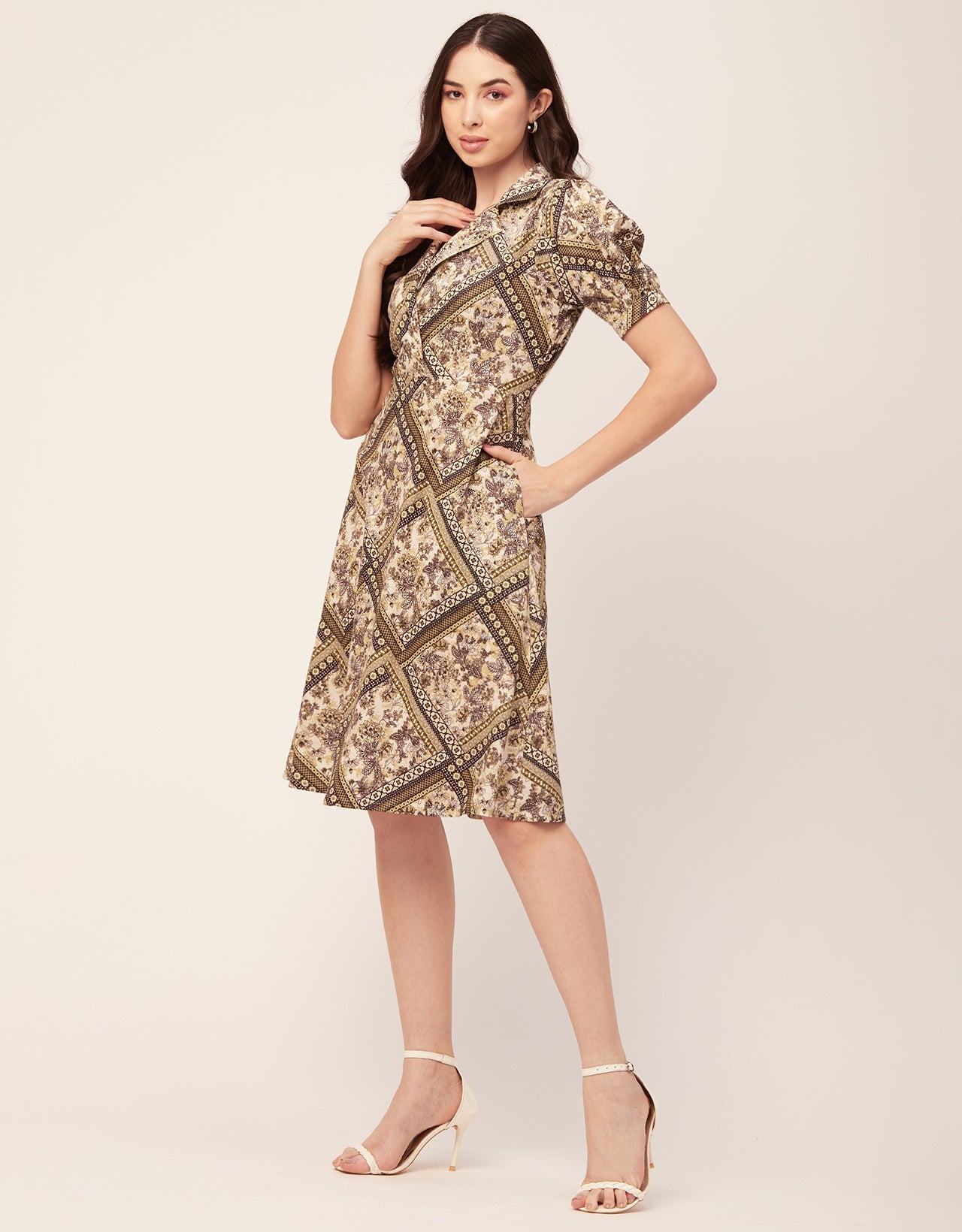 Printed Lapel Collar Dress, Puffed