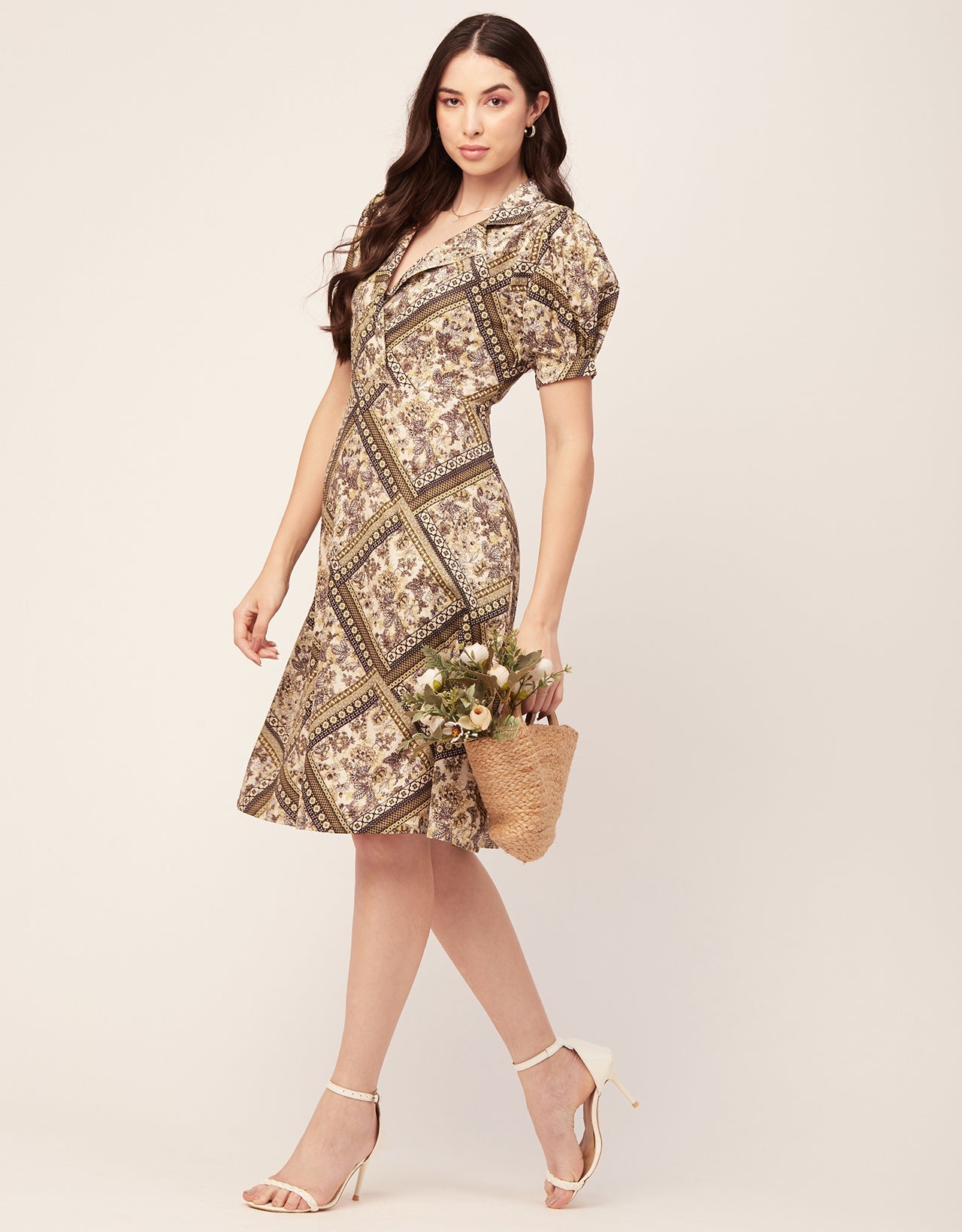 Printed Lapel Collar Dress, Puffed