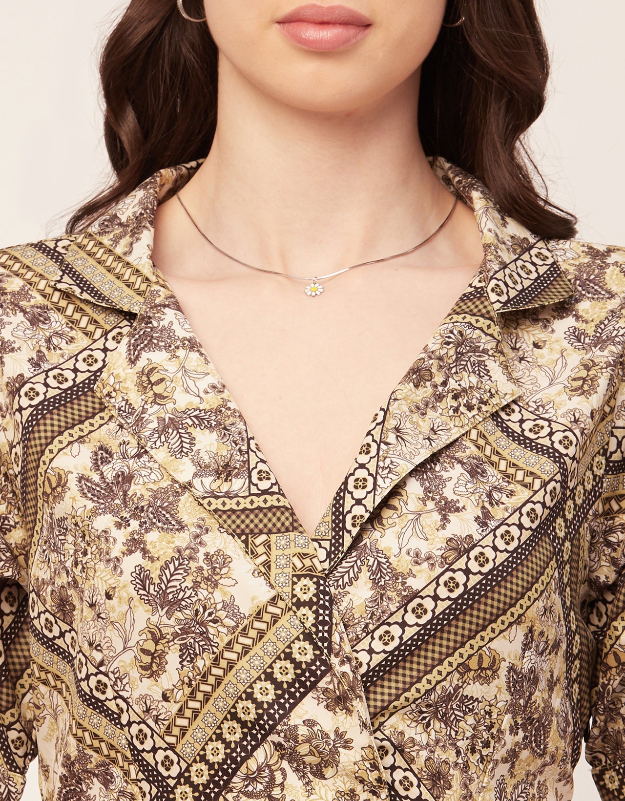 Printed Lapel Collar Dress, Puffed
