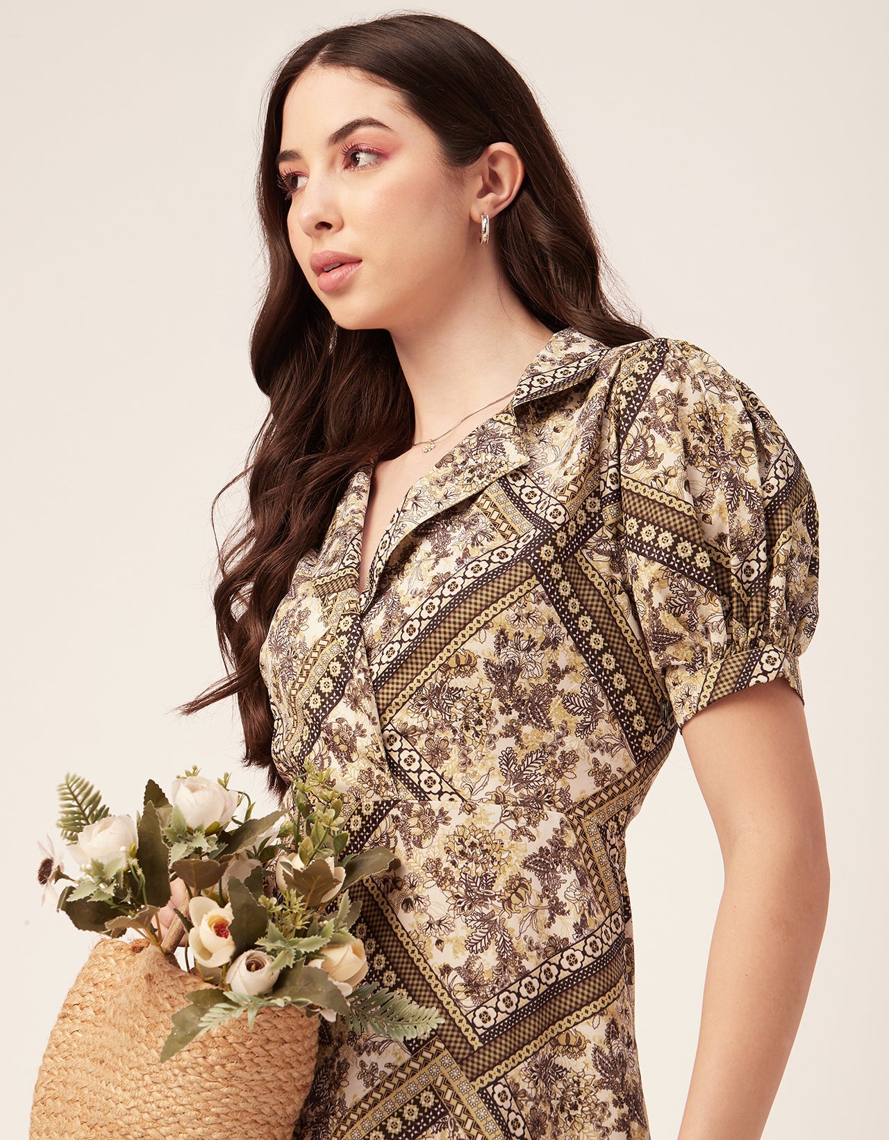 Printed Lapel Collar Dress, Puffed
