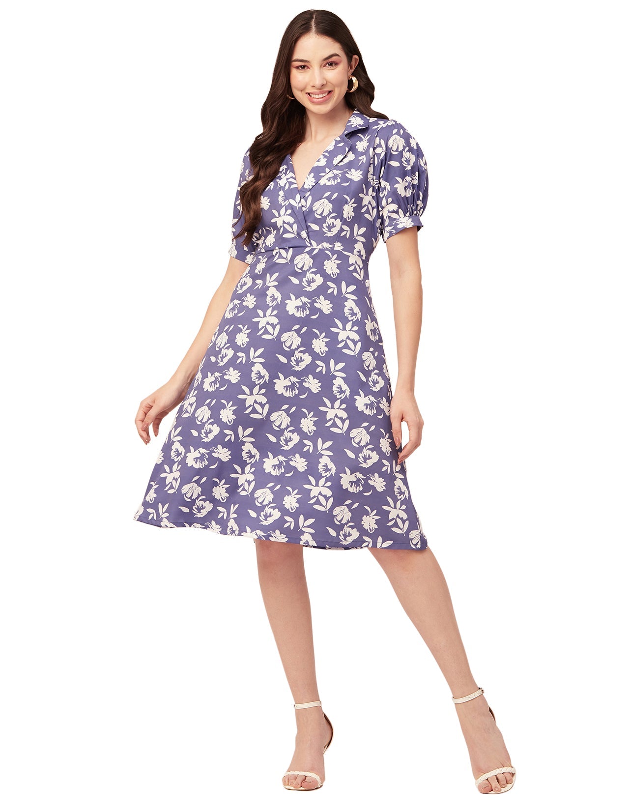 Printed Lapel Collar Dress, Puffed