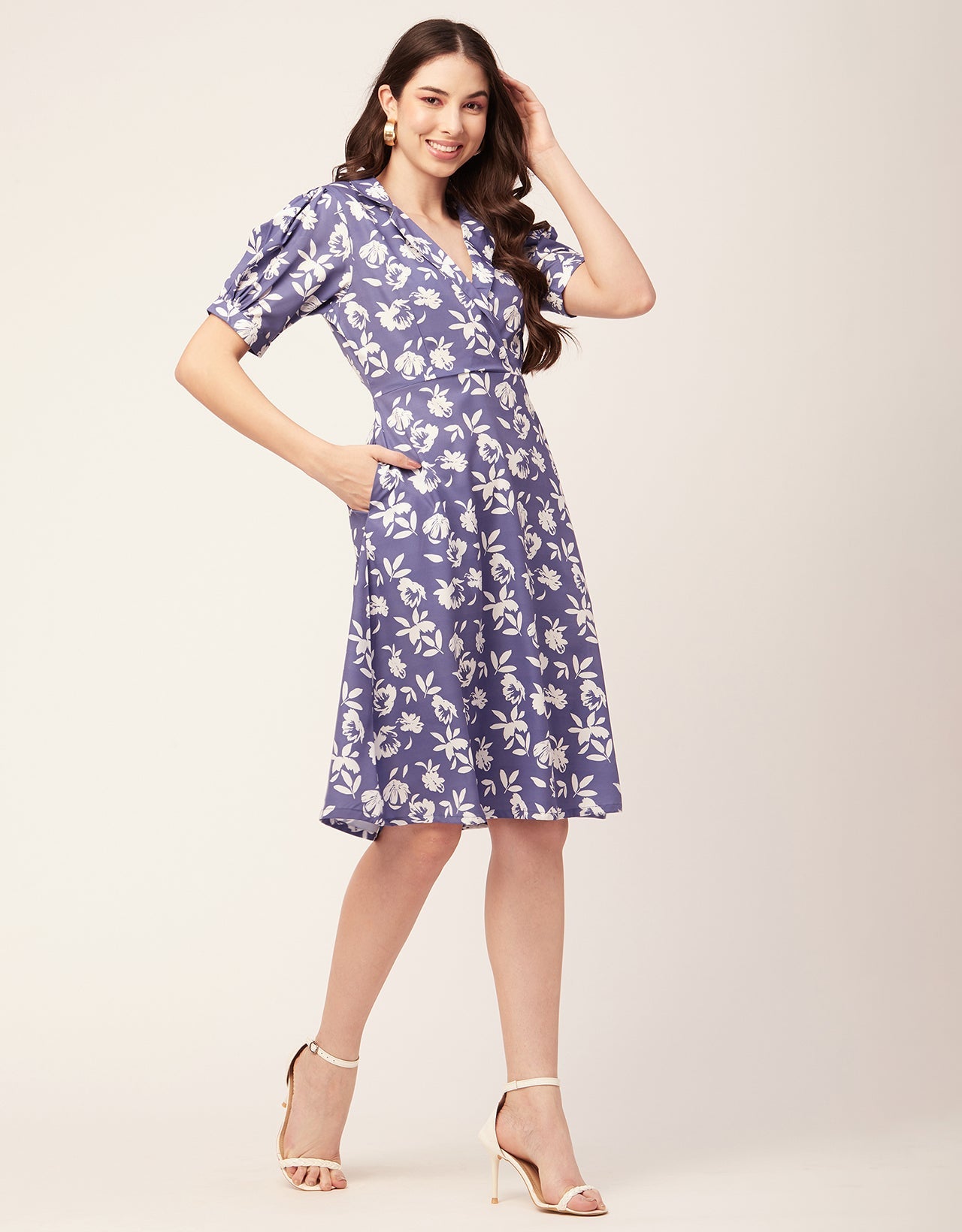Printed Lapel Collar Dress, Puffed