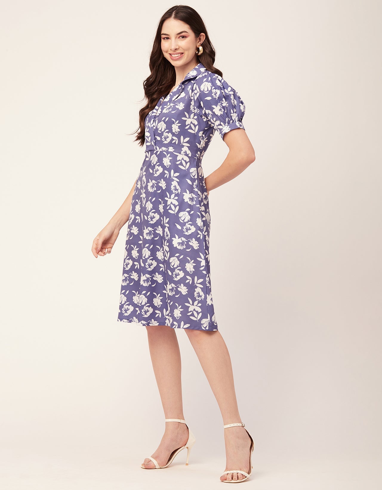 Printed Lapel Collar Dress, Puffed