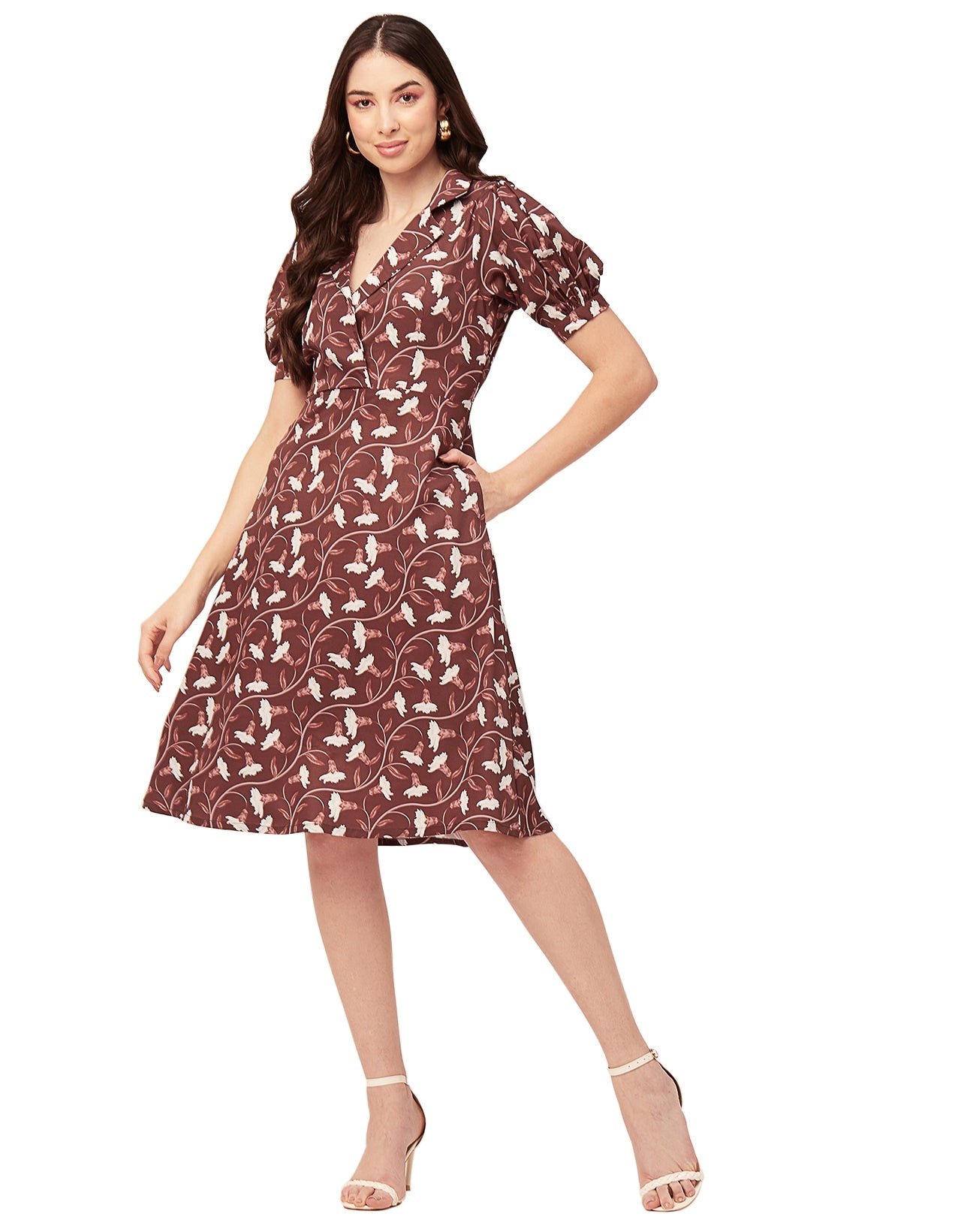 Printed Lapel Collar Dress, Puffed