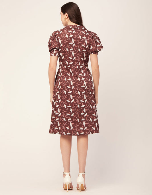 Printed Lapel Collar Dress, Puffed