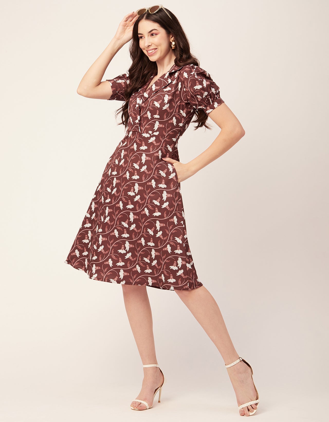 Printed Lapel Collar Dress, Puffed