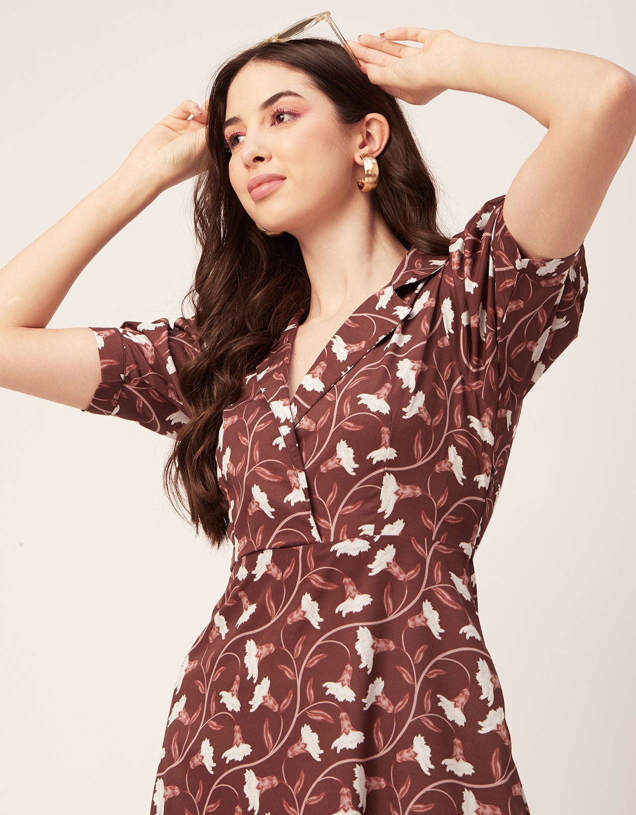 Printed Lapel Collar Dress, Puffed
