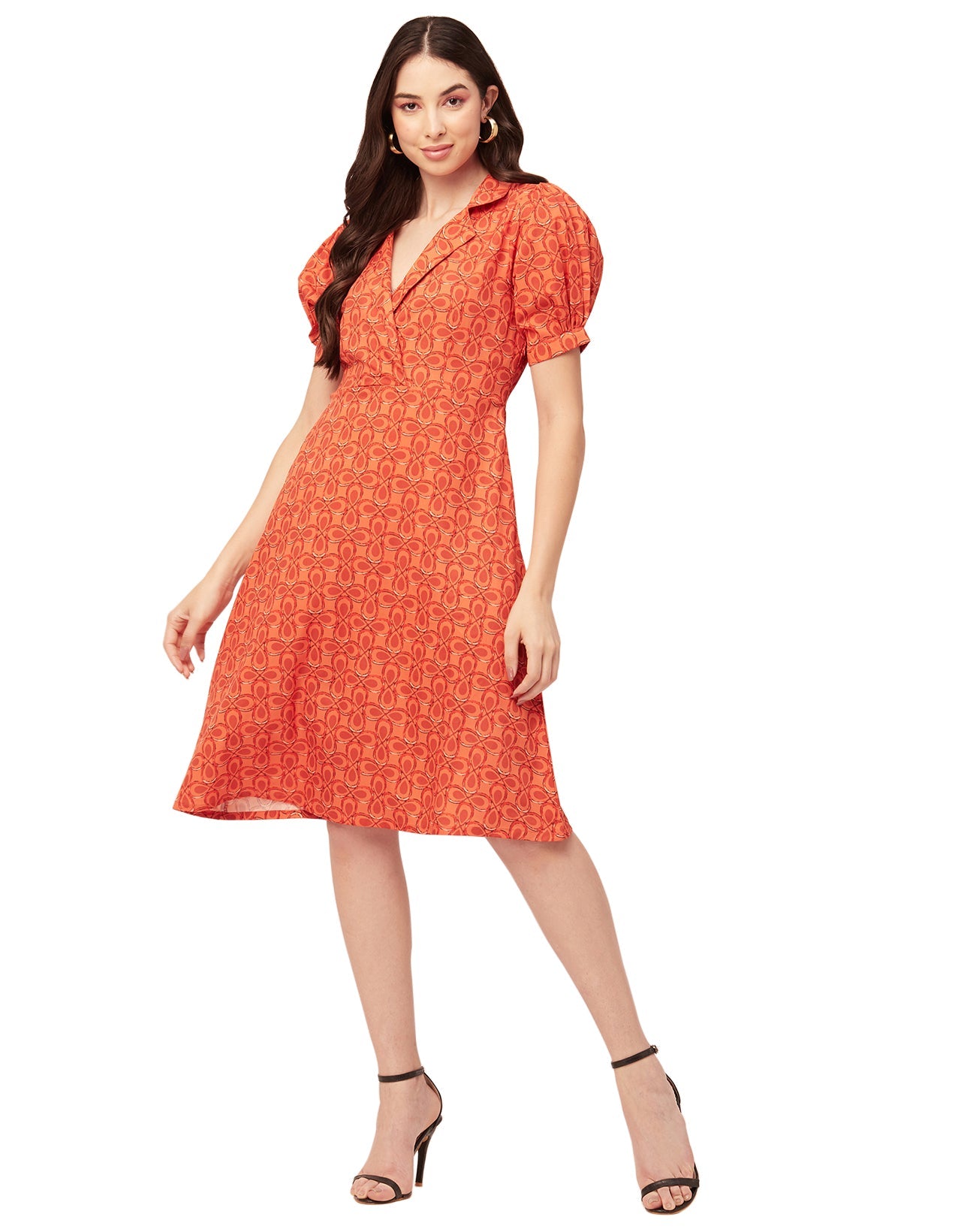 Printed Lapel Collar Dress, Puffed