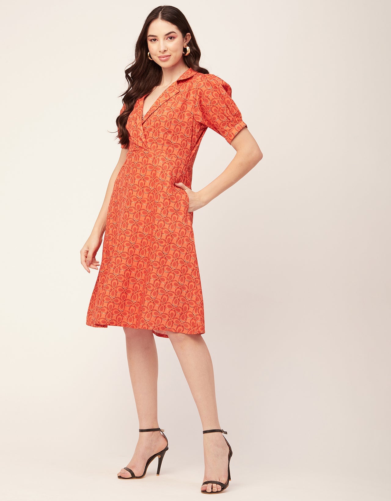 Printed Lapel Collar Dress, Puffed