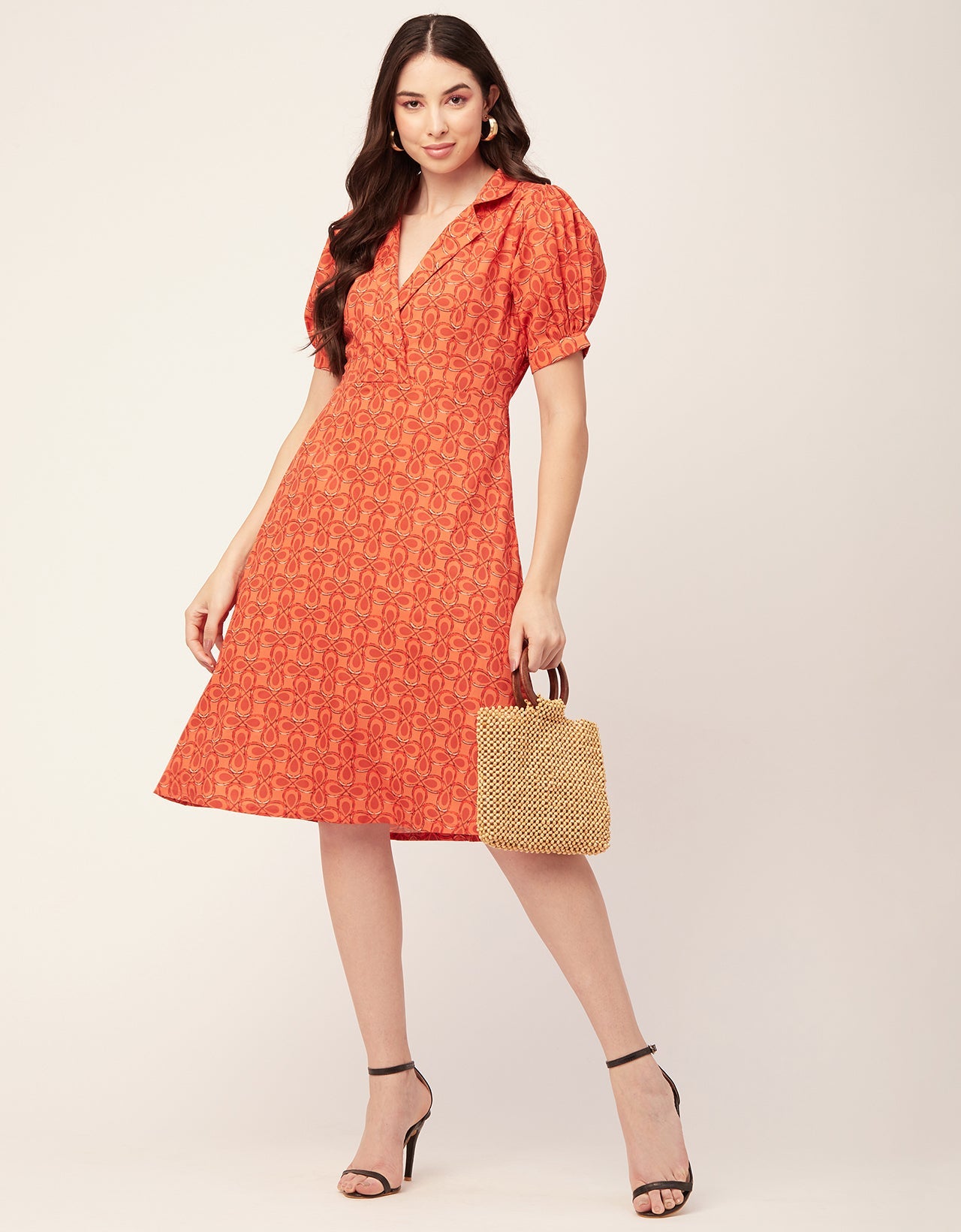 Printed Lapel Collar Dress, Puffed