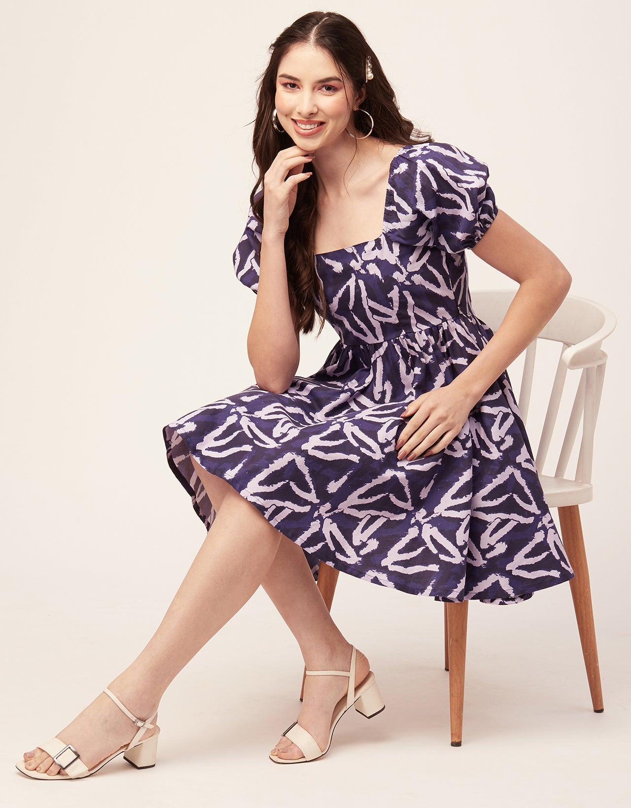 Printed Flared Mini Dress, Square