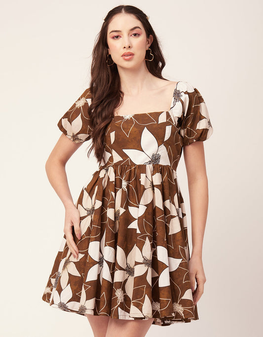 Printed Flared Mini Dress, Square