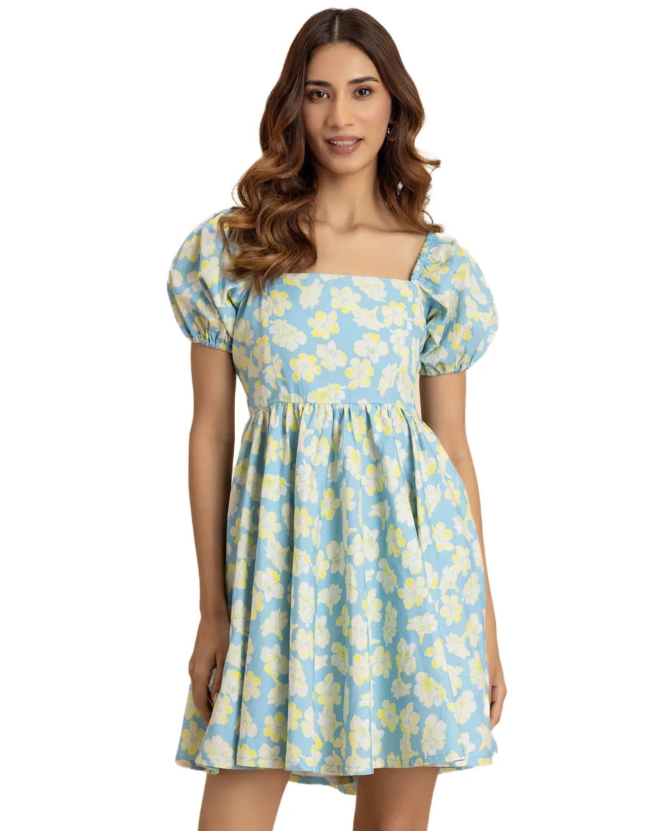 Printed Flared Short Cotton Dress For Women