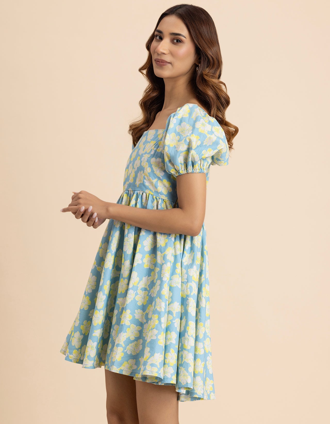 Printed Flared Short Cotton Dress For Women
