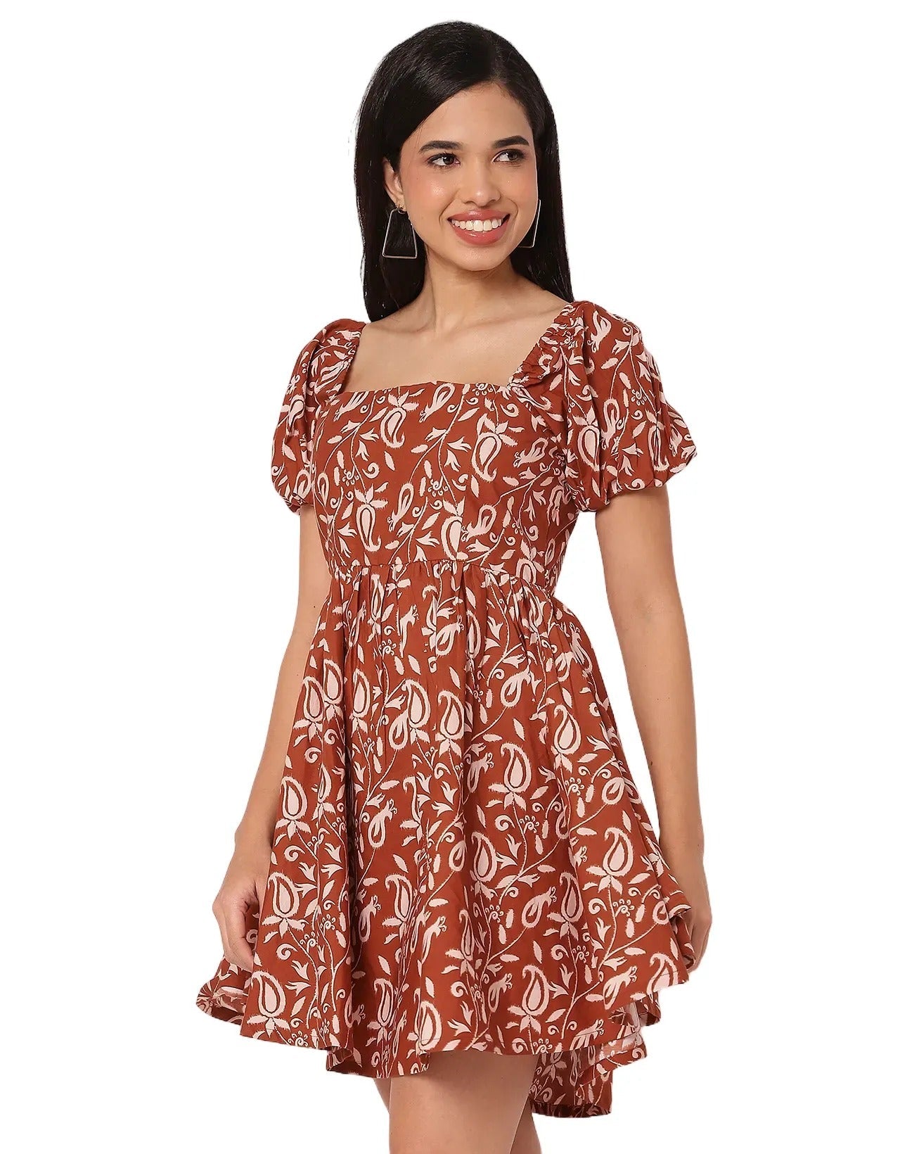 Long Sleeve V Neck Wrap Printed Dress