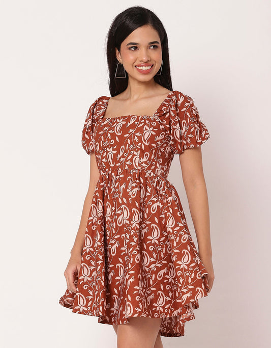 Long Sleeve V Neck Wrap Printed Dress