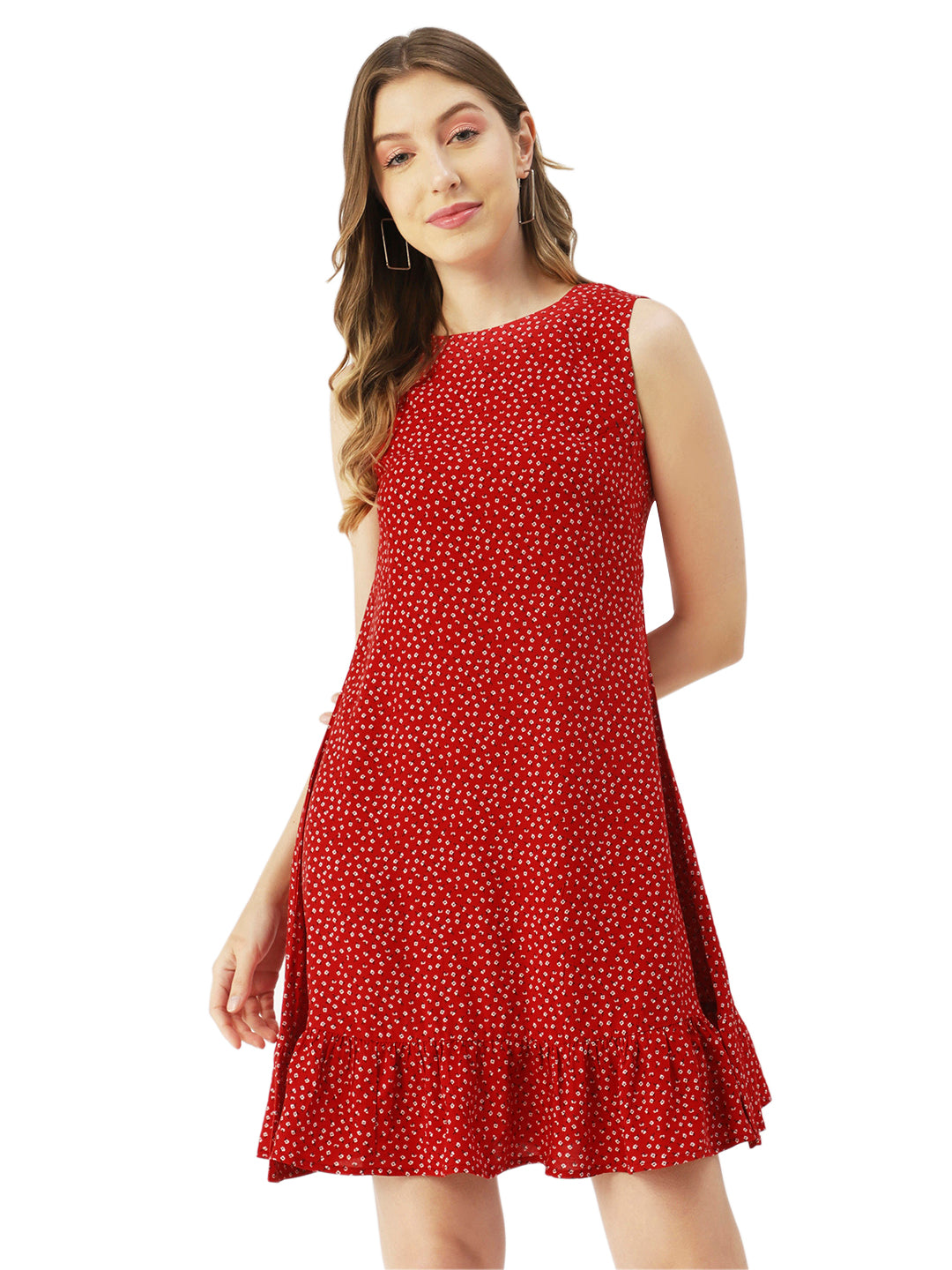 Printed Sleeveless Mini Dress, Frilled