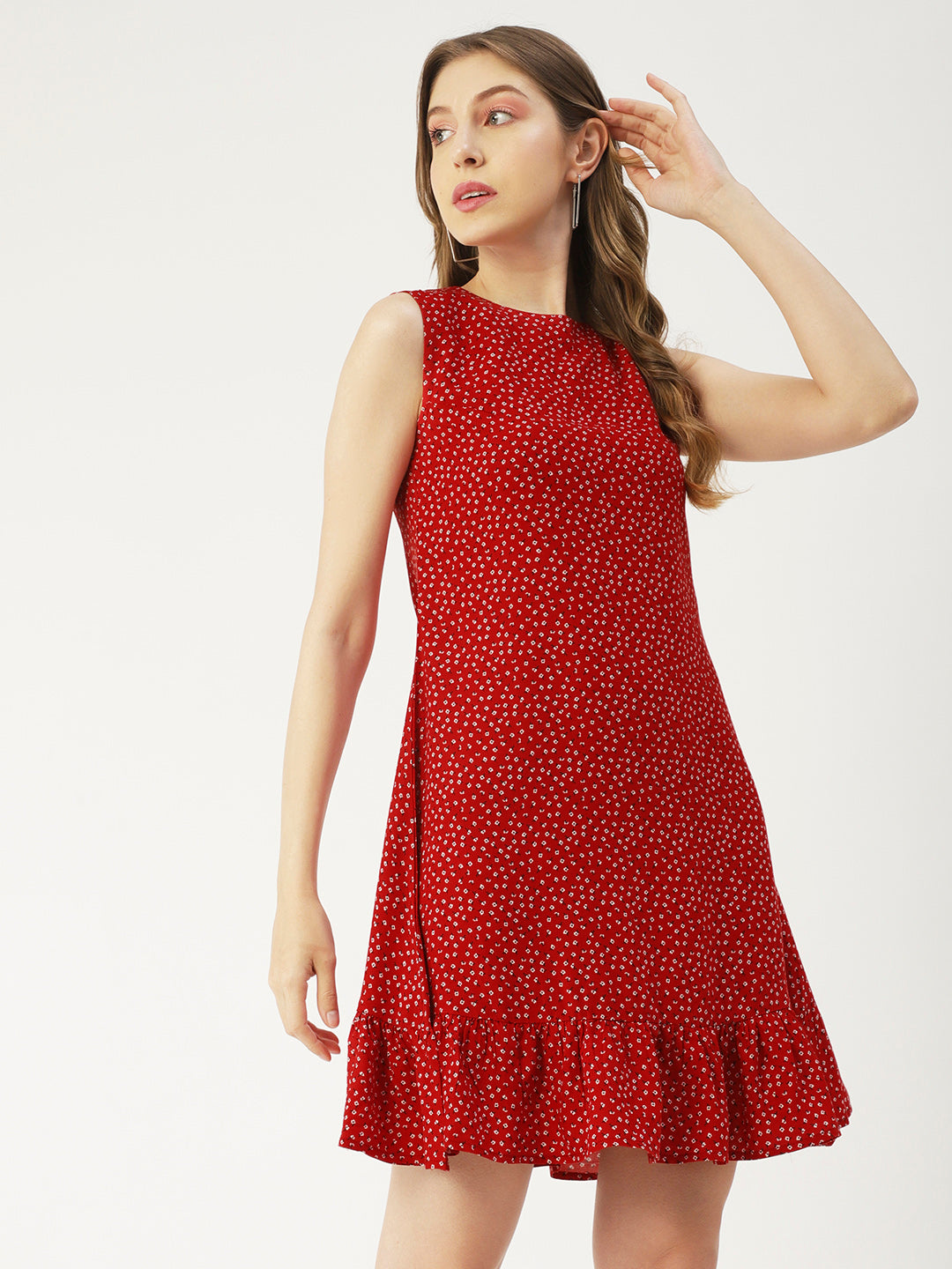 Printed Sleeveless Mini Dress, Frilled