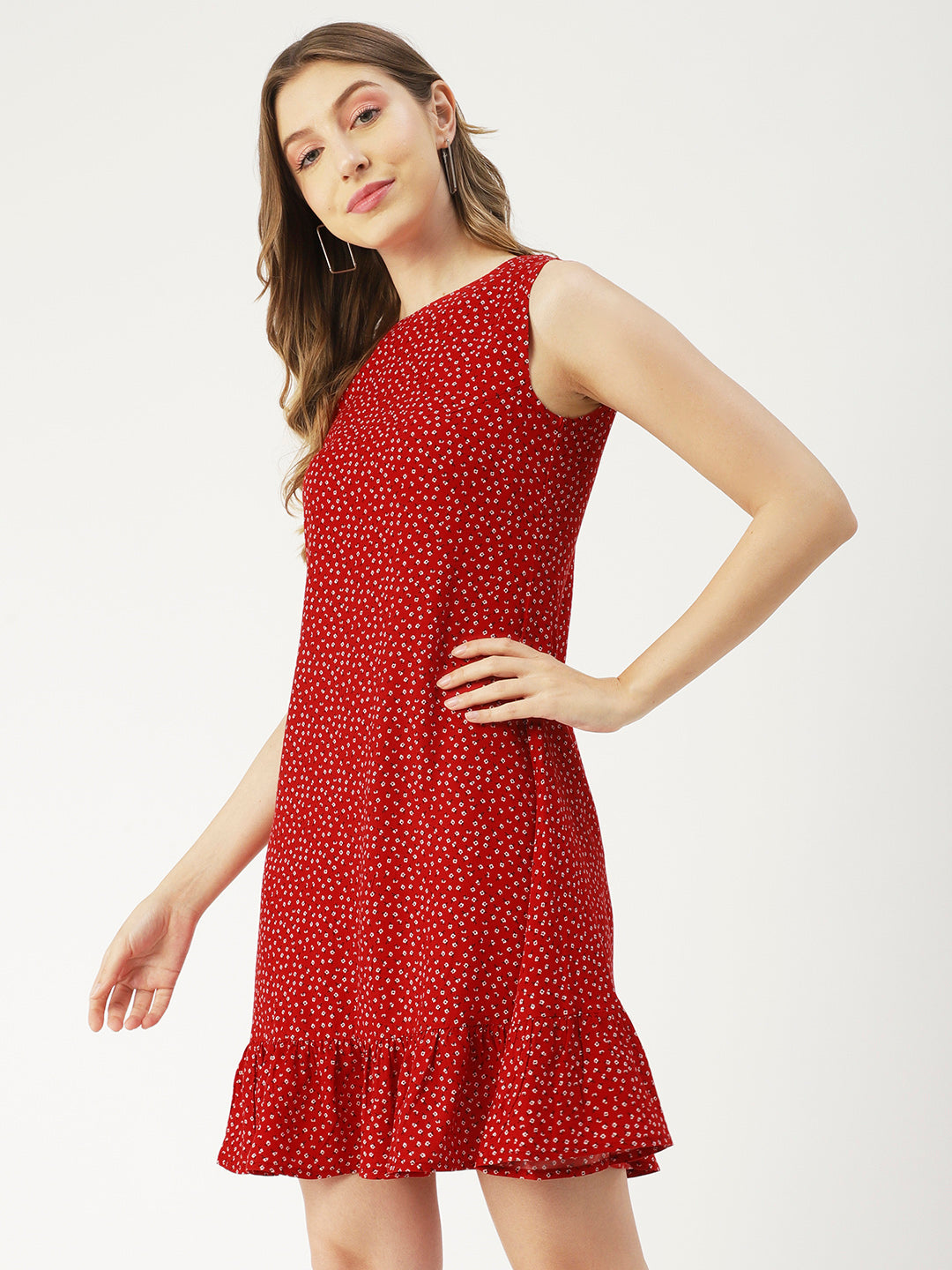 Printed Sleeveless Mini Dress, Frilled