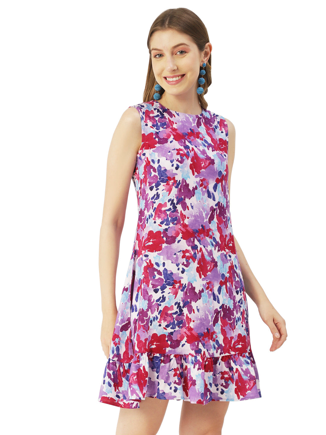 Printed Sleeveless Mini Dress, Frilled