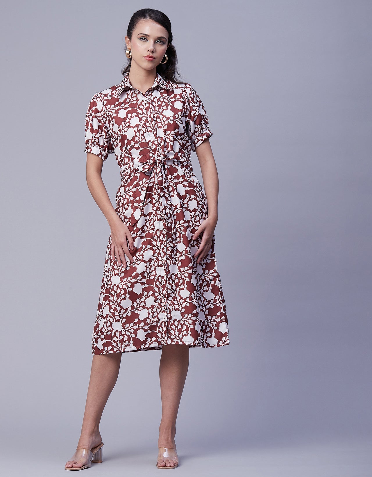 brown floral shirt dress