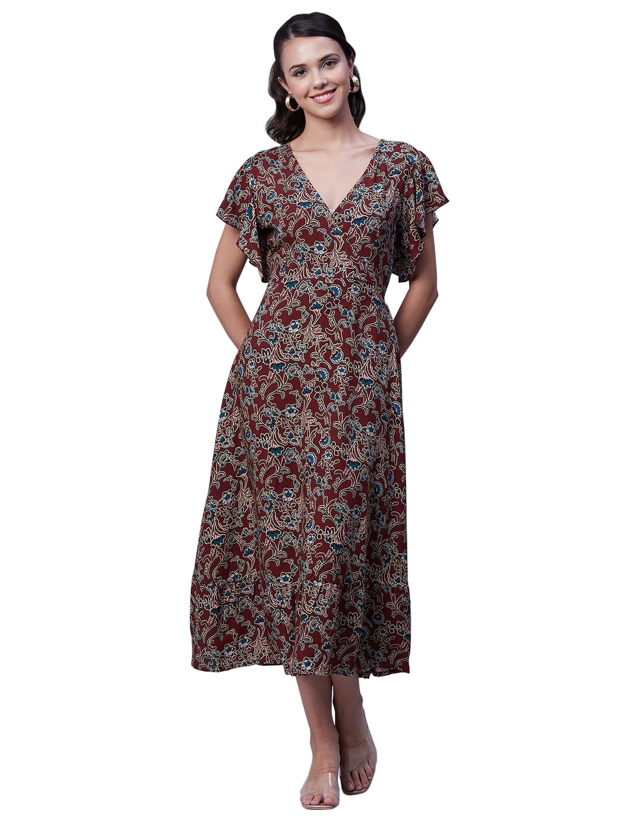 Printed V-Neck Ruffled Midi Dress
