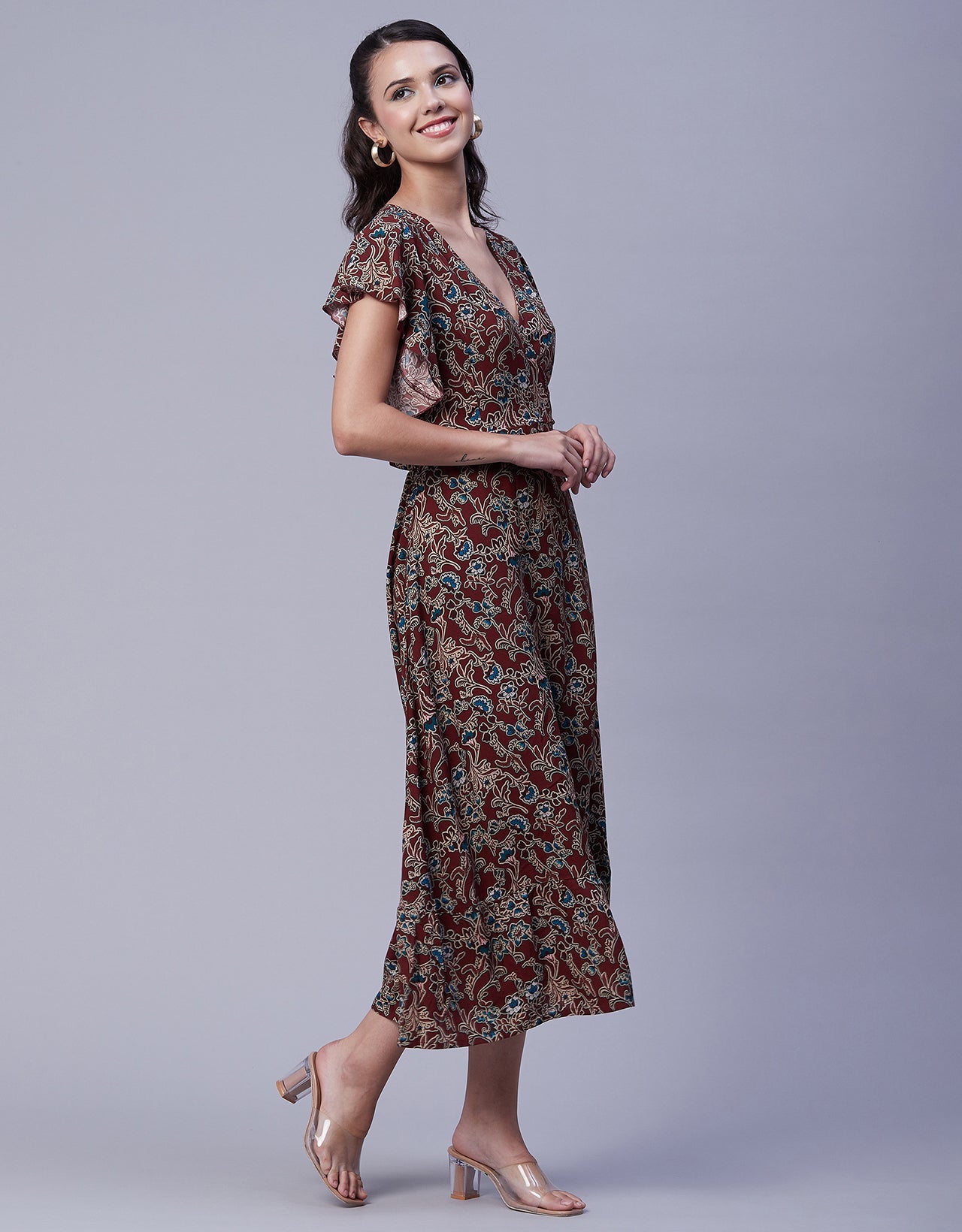 Printed V-Neck Ruffled Midi Dress