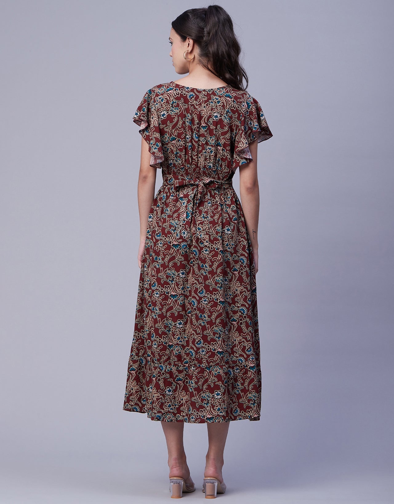 Printed V-Neck Ruffled Midi Dress