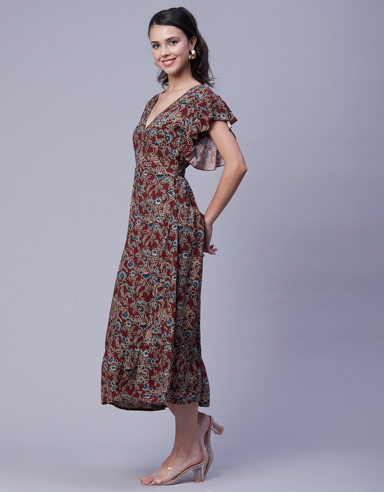 Printed V-Neck Ruffled Midi Dress