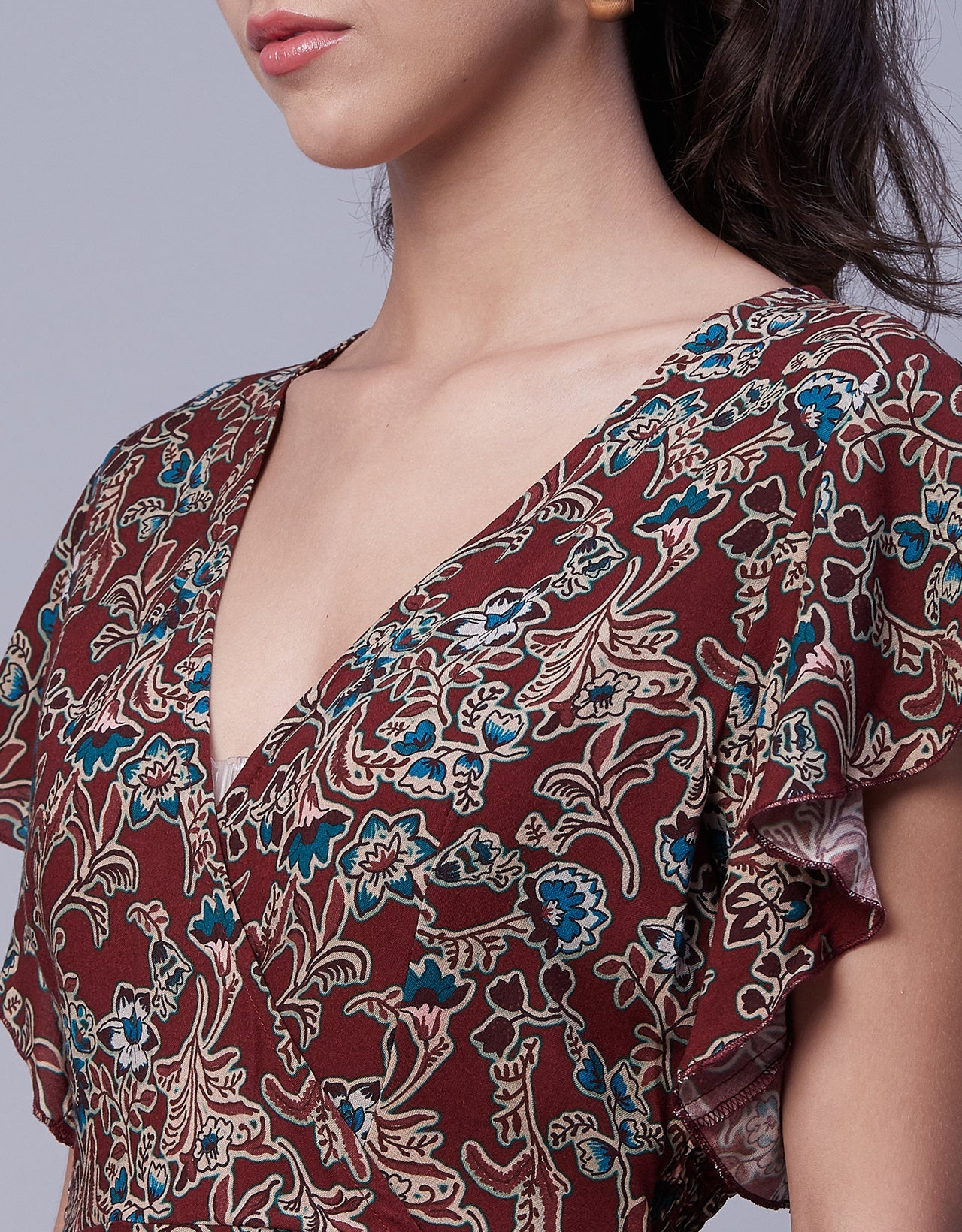 Printed V-Neck Ruffled Midi Dress