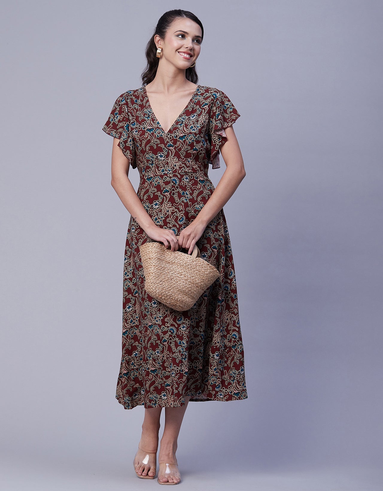 Printed V-Neck Ruffled Midi Dress