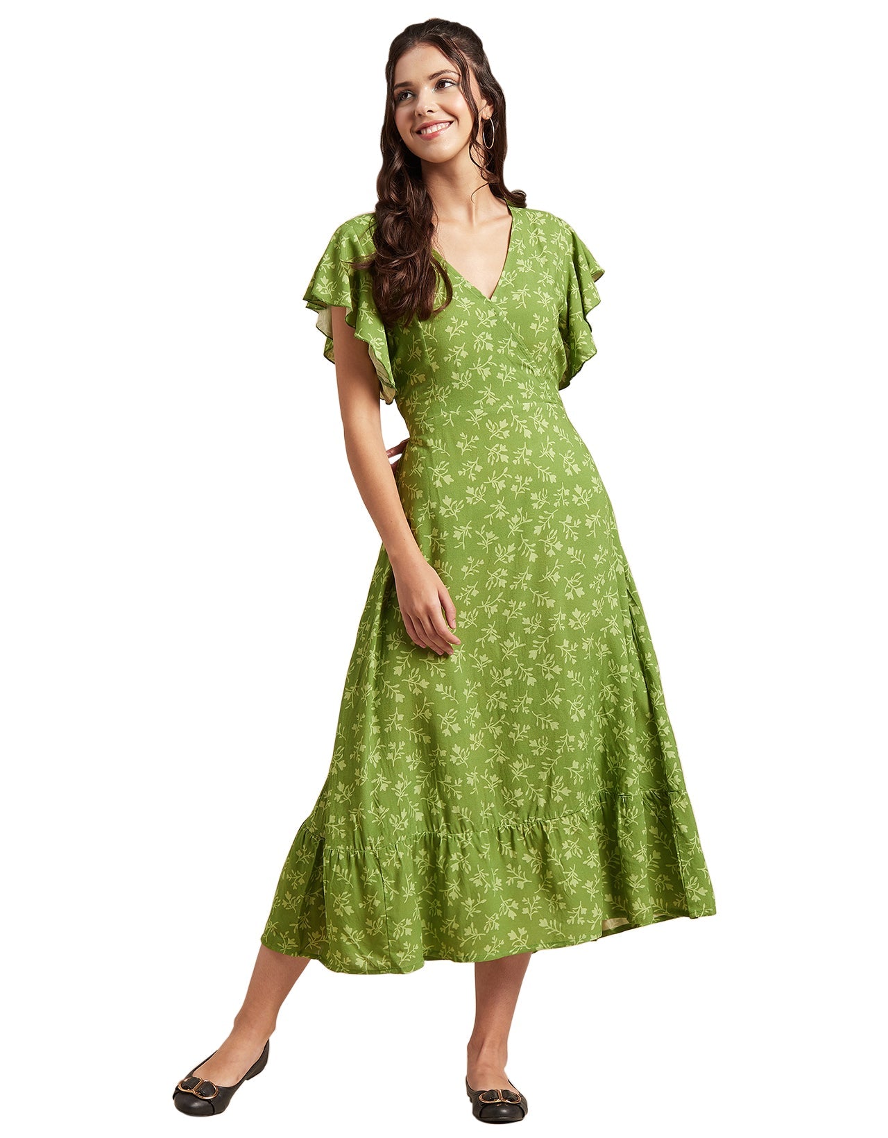Printed V-Neck Ruffled Midi Dress