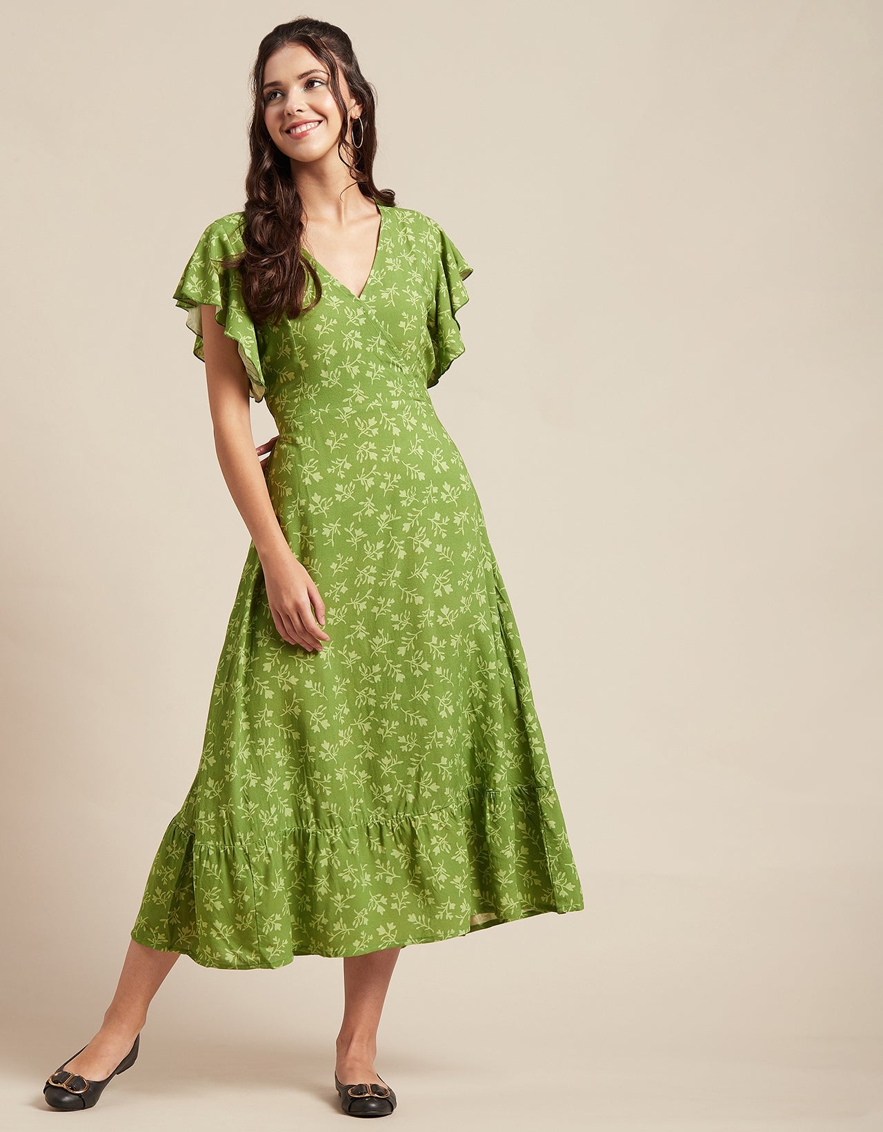 Printed V-Neck Ruffled Midi Dress