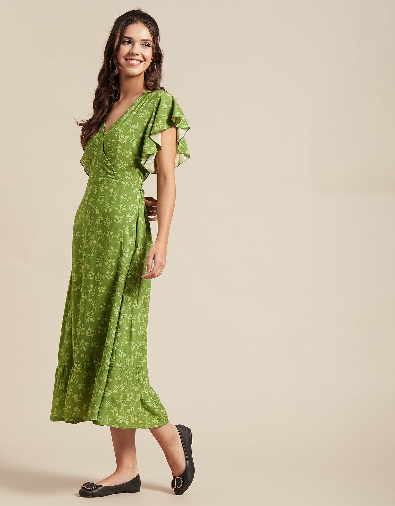 Printed V-Neck Ruffled Midi Dress