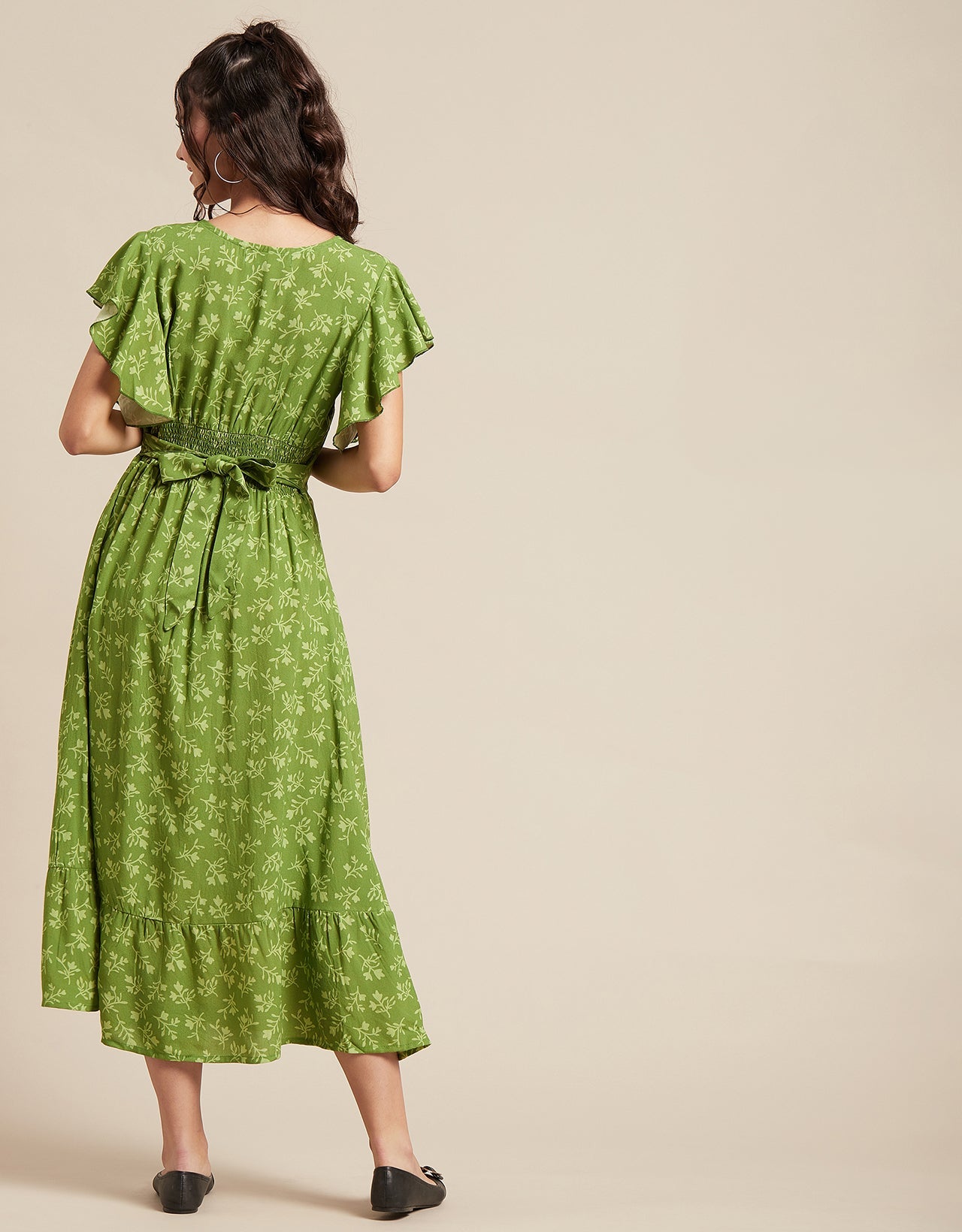 Printed V-Neck Ruffled Midi Dress
