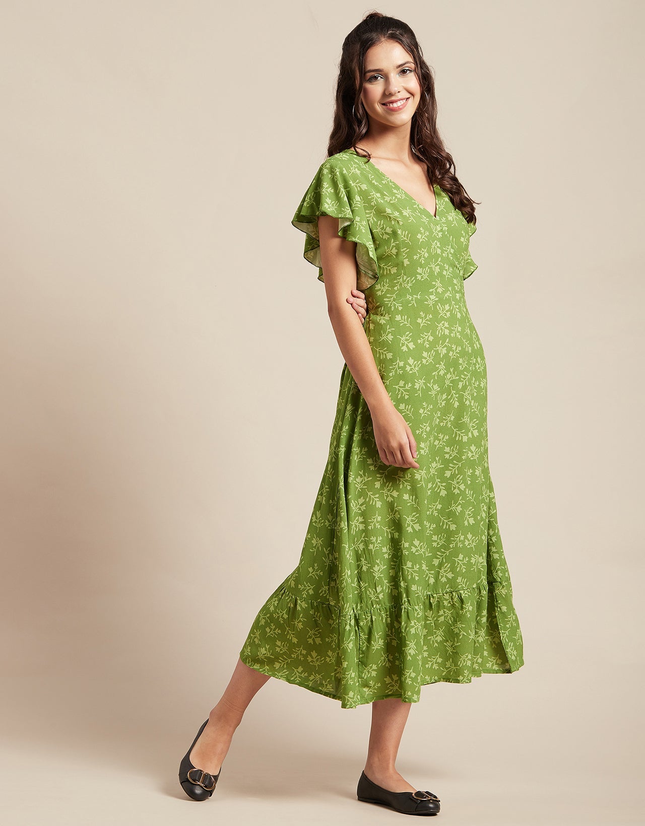 Printed V-Neck Ruffled Midi Dress
