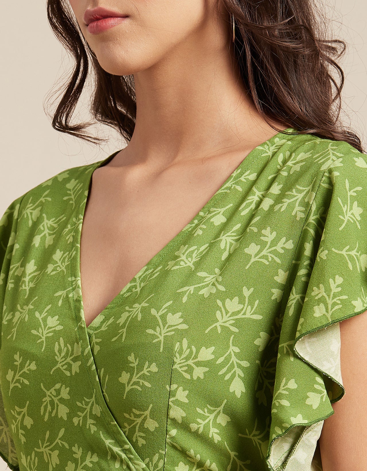 Printed V-Neck Ruffled Midi Dress