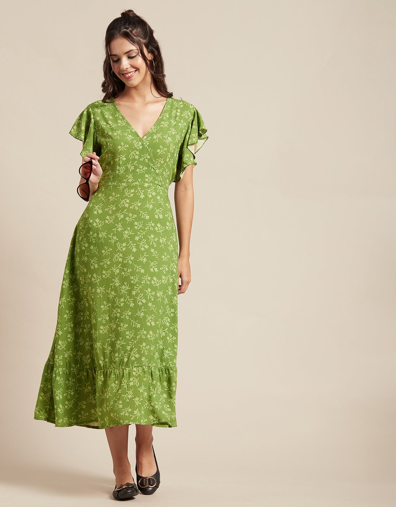 Printed V-Neck Ruffled Midi Dress