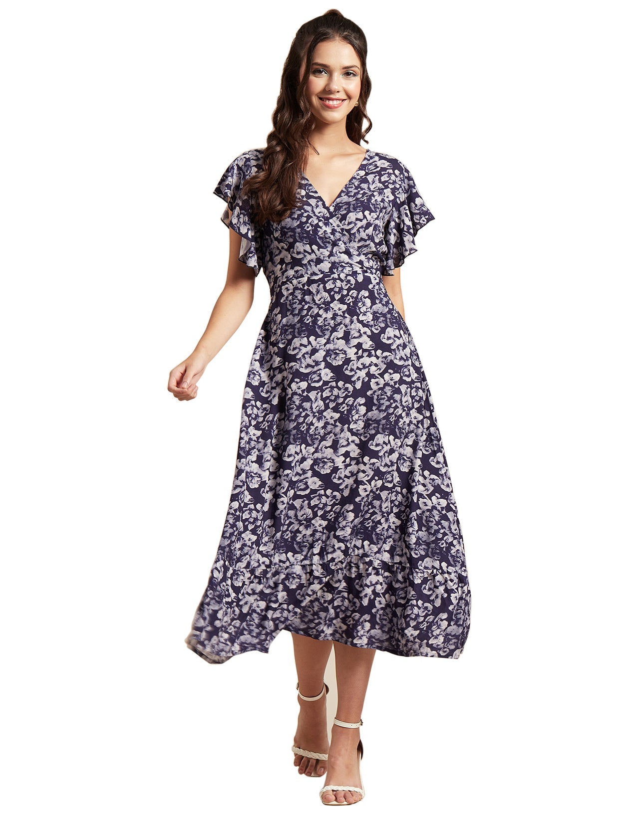 Printed V-Neck Ruffled Midi Dress