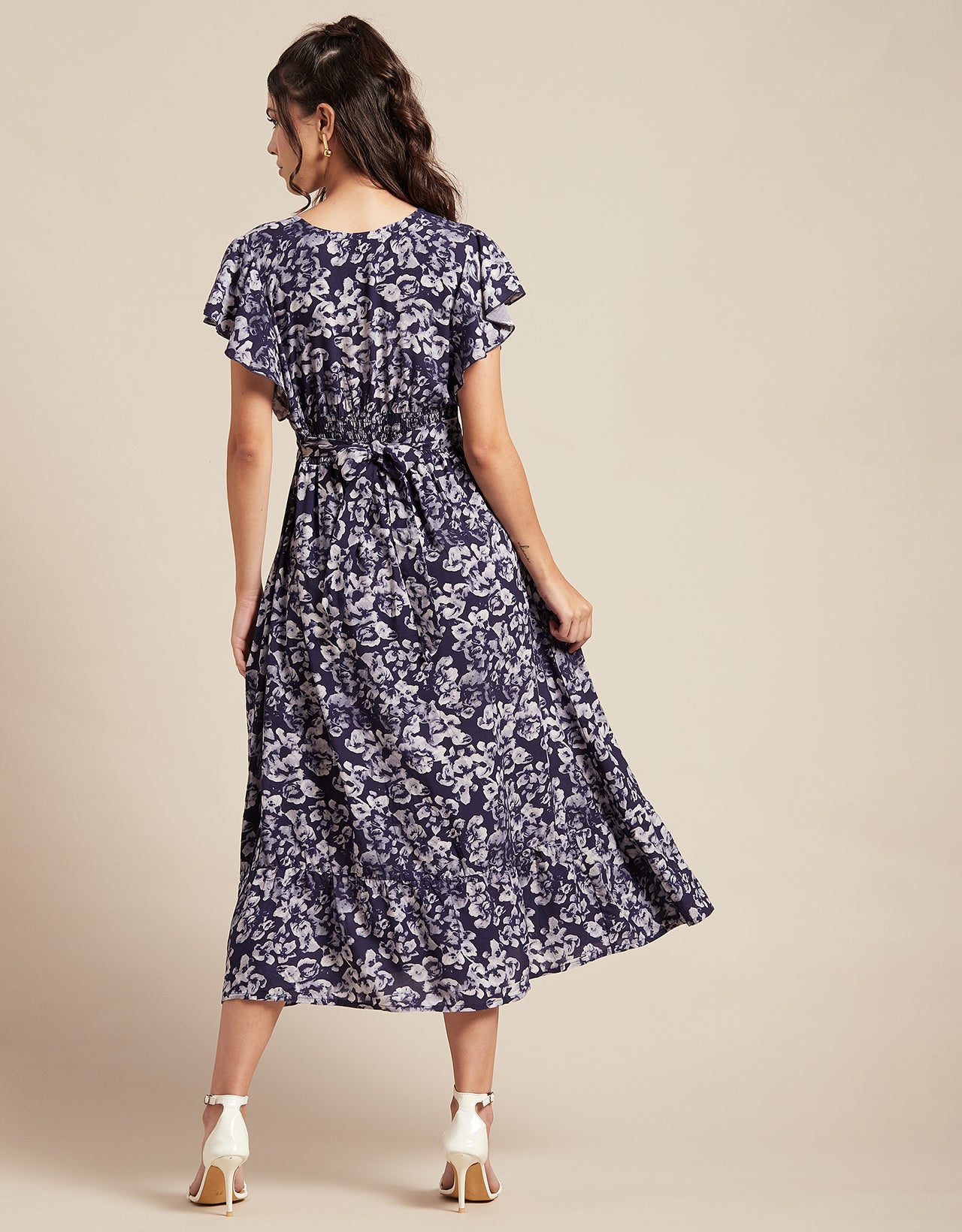 Printed V-Neck Ruffled Midi Dress
