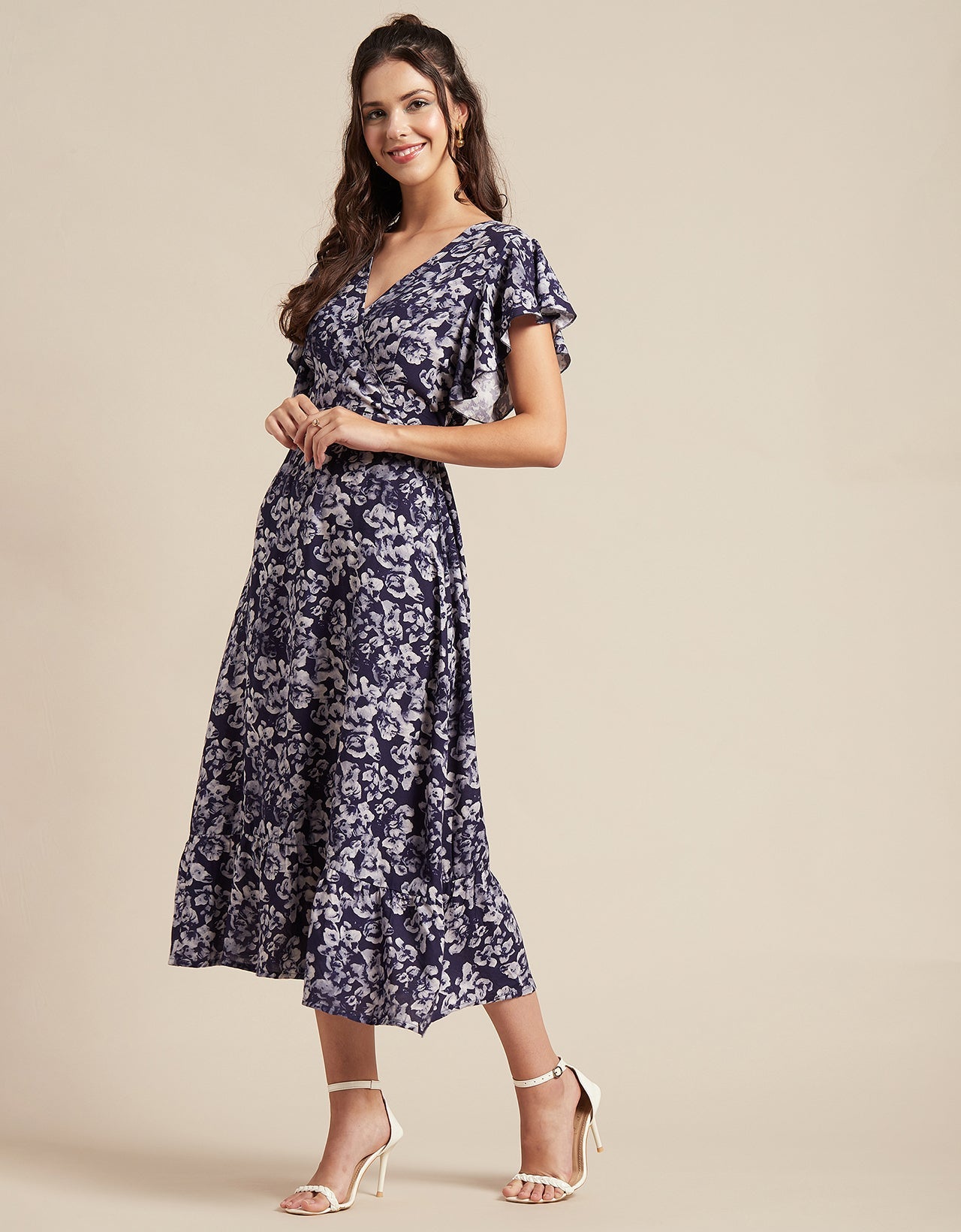 Printed V-Neck Ruffled Midi Dress